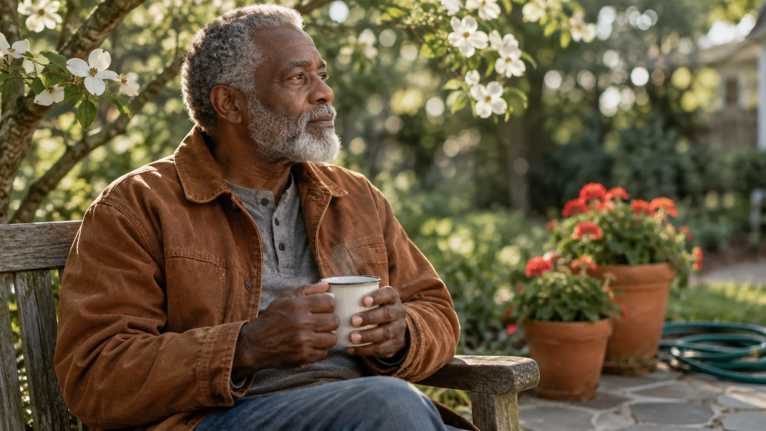 Senior man with gray hair and beard sitting outdoors on a wooden bench, holding a steaming mug in a sunny garden.