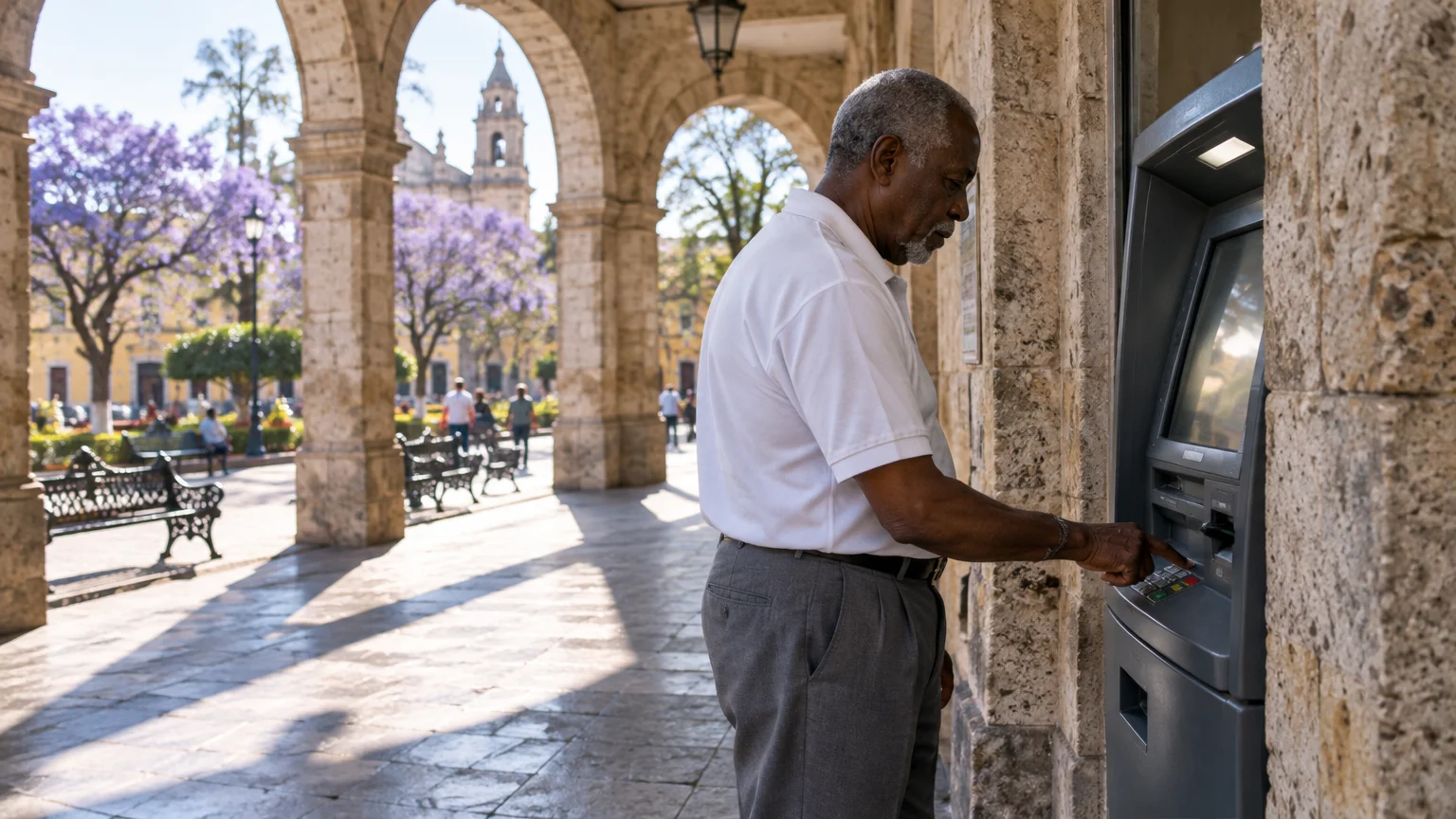 Senior Black man uses an outdoor ATM under stone archways overlooking a sunny plaza with jacaranda trees.