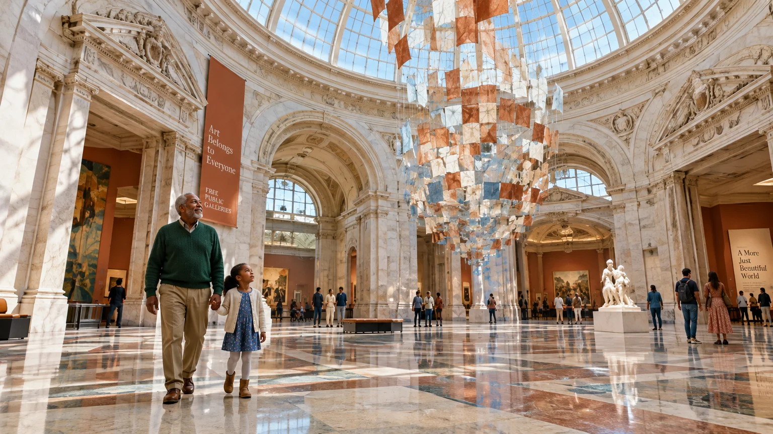 A senior man and young girl hold hands walking across a marble museum hall under a glass dome and mobile.