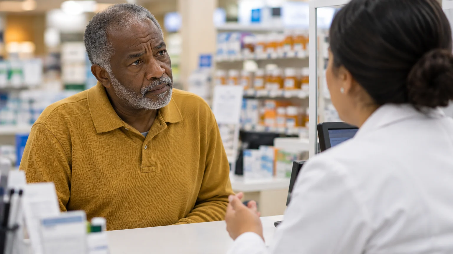 An older man in a yellow shirt listens intently to a pharmacist across a pharmacy counter.