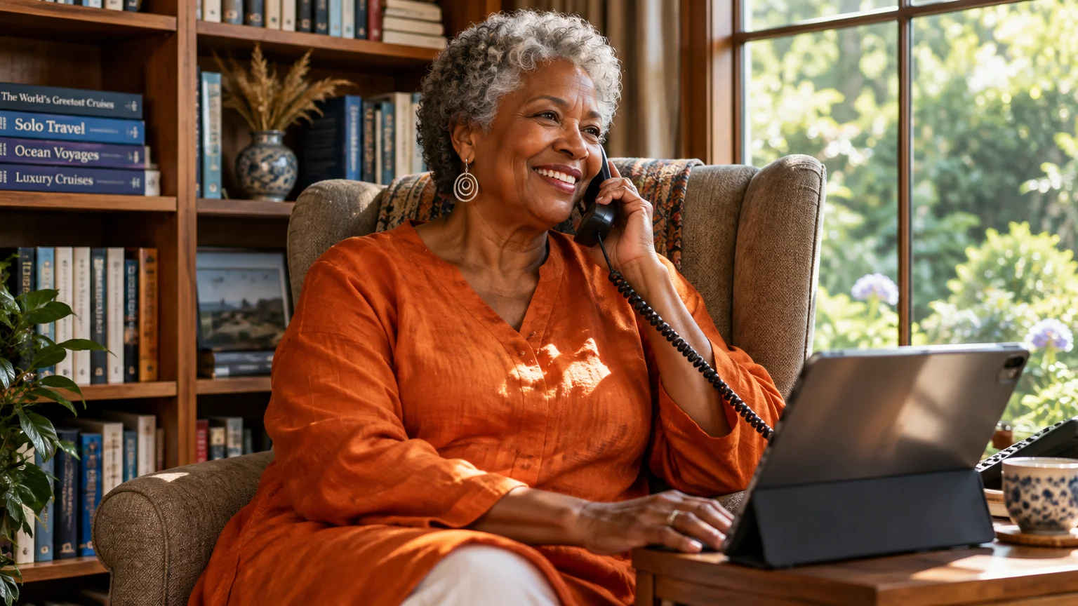 A smiling senior woman in an orange shirt talks on a landline phone while using a tablet by a bookshelf.