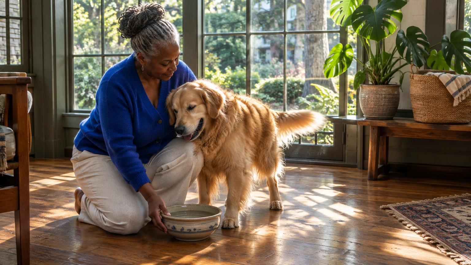 A mature woman in a blue cardigan kneels beside a golden retriever next to a water bowl on a wooden floor.