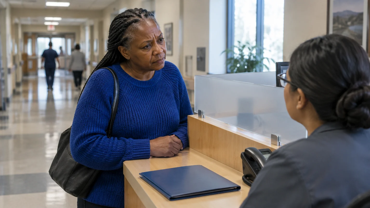 A woman in a blue sweater speaks with a staff member at a hospital reception desk in a brightly lit hallway.