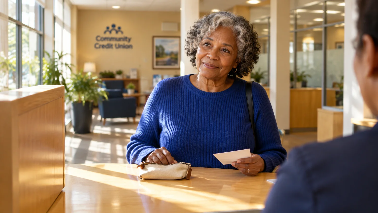 A senior woman in a blue sweater sits at a credit union counter holding a paper slip across from a teller.