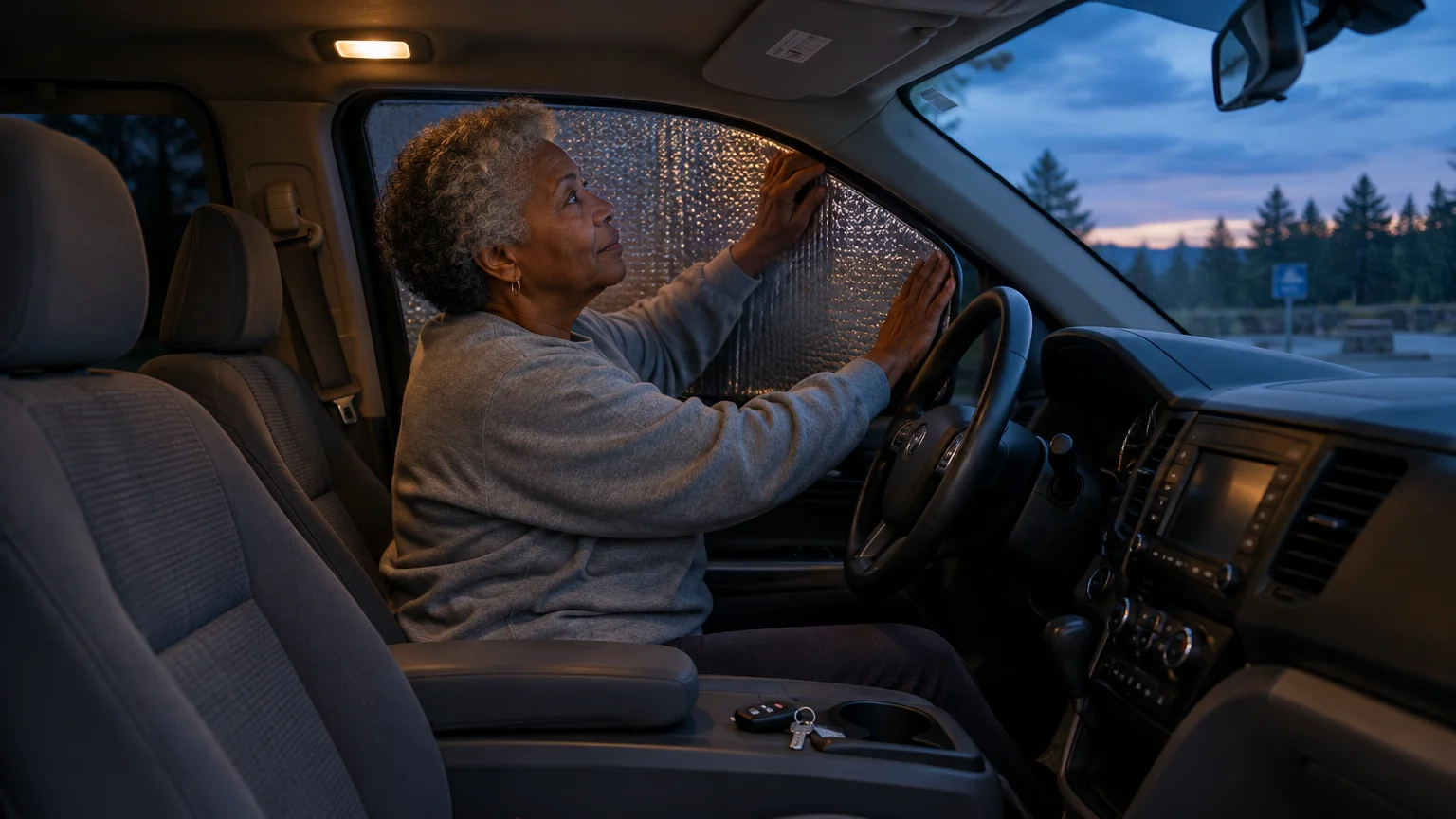 Older woman fitting a reflective window shade inside the front passenger door of a vehicle at dusk.