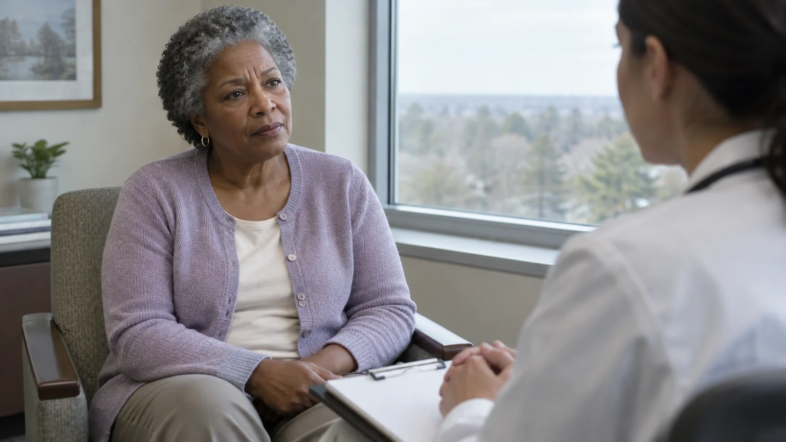 Senior woman in a lavender cardigan listening to a doctor in a white coat holding a clipboard in an office.
