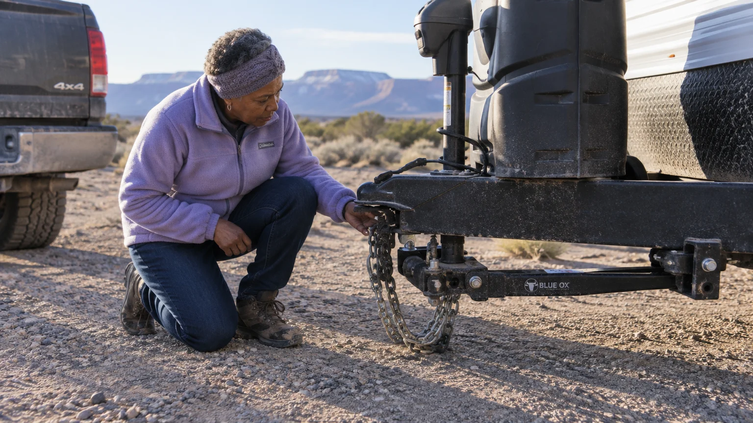 A woman in a purple fleece kneels on a gravel road, checking the hitch chains of a travel trailer.