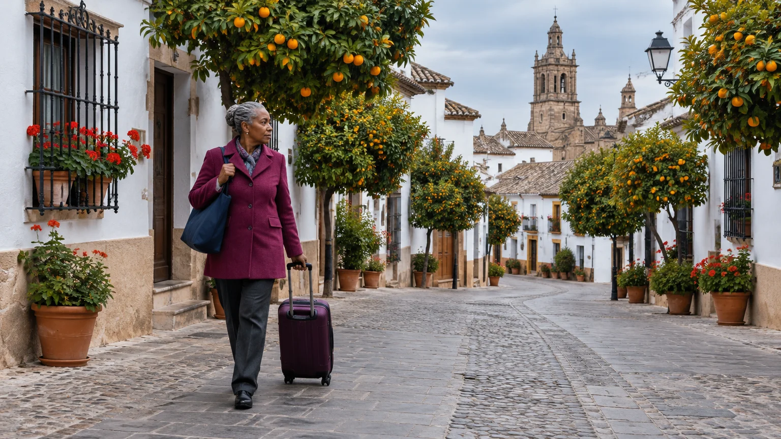 A mature woman in a purple coat pulls a suitcase down a cobblestone street lined with orange trees and white buildings.