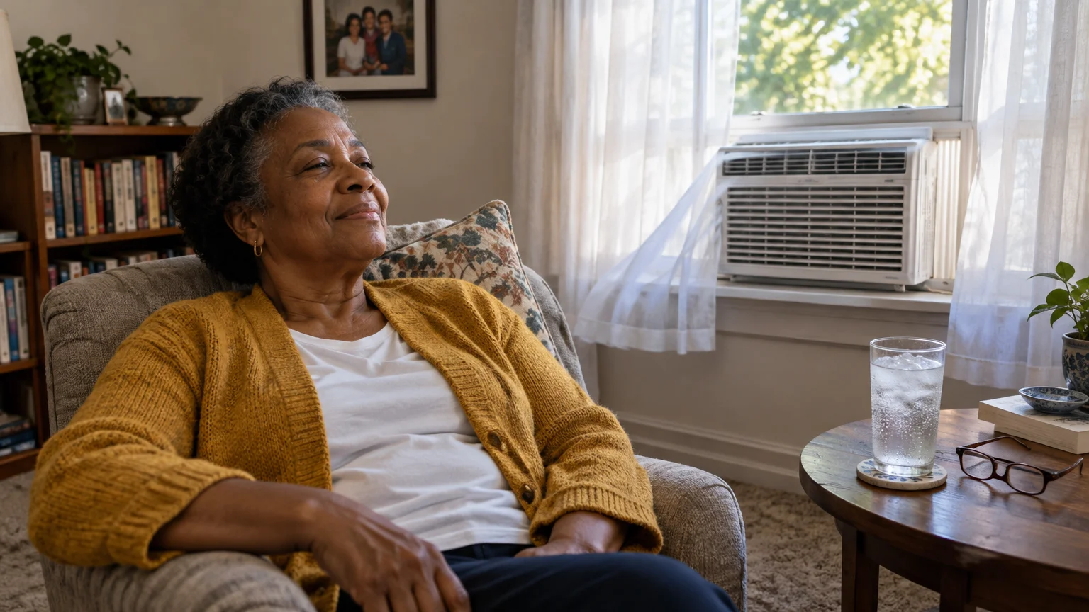 An older woman sits in an armchair near a running window air conditioner blowing a sheer curtain in a living room.