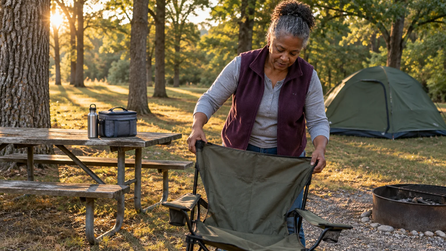 A senior woman sets up a folding camp chair at a sunny campsite with a picnic table and tent in the background.