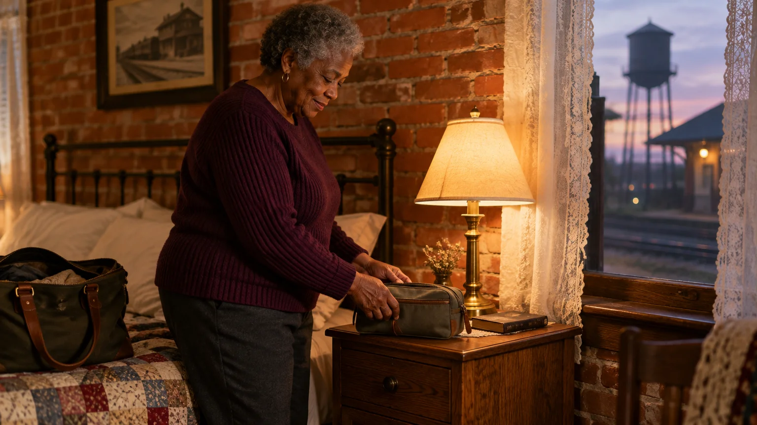 An older woman unpacks a small bag onto a nightstand in a brick-walled bedroom overlooking train tracks at dusk.