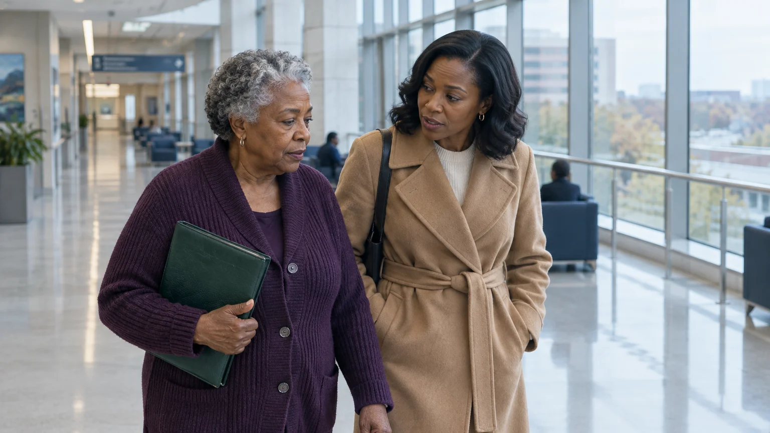 A senior woman holding a green folder walks through a sunlit hospital corridor beside a younger woman in a tan coat.
