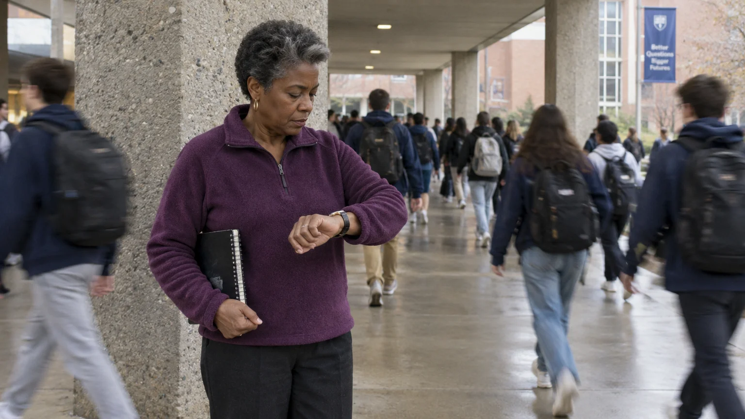 A senior woman checks her wristwatch while holding a notebook in a busy college walkway filled with students.