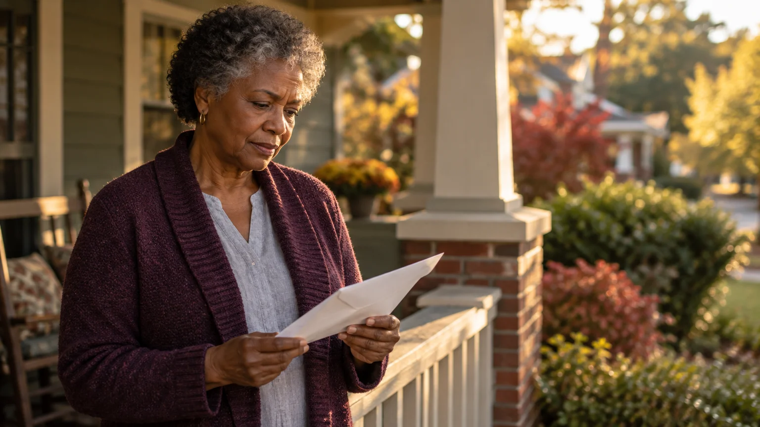 An older woman stands on a front porch reading a paper letter in an envelope during golden hour.