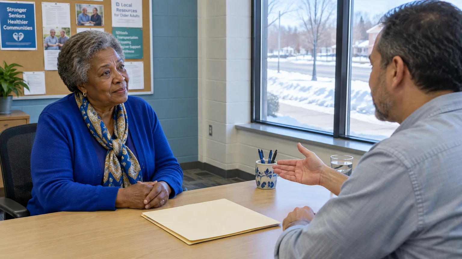 Senior woman sitting across a desk from a man speaking to her inside an office near a snowy window.