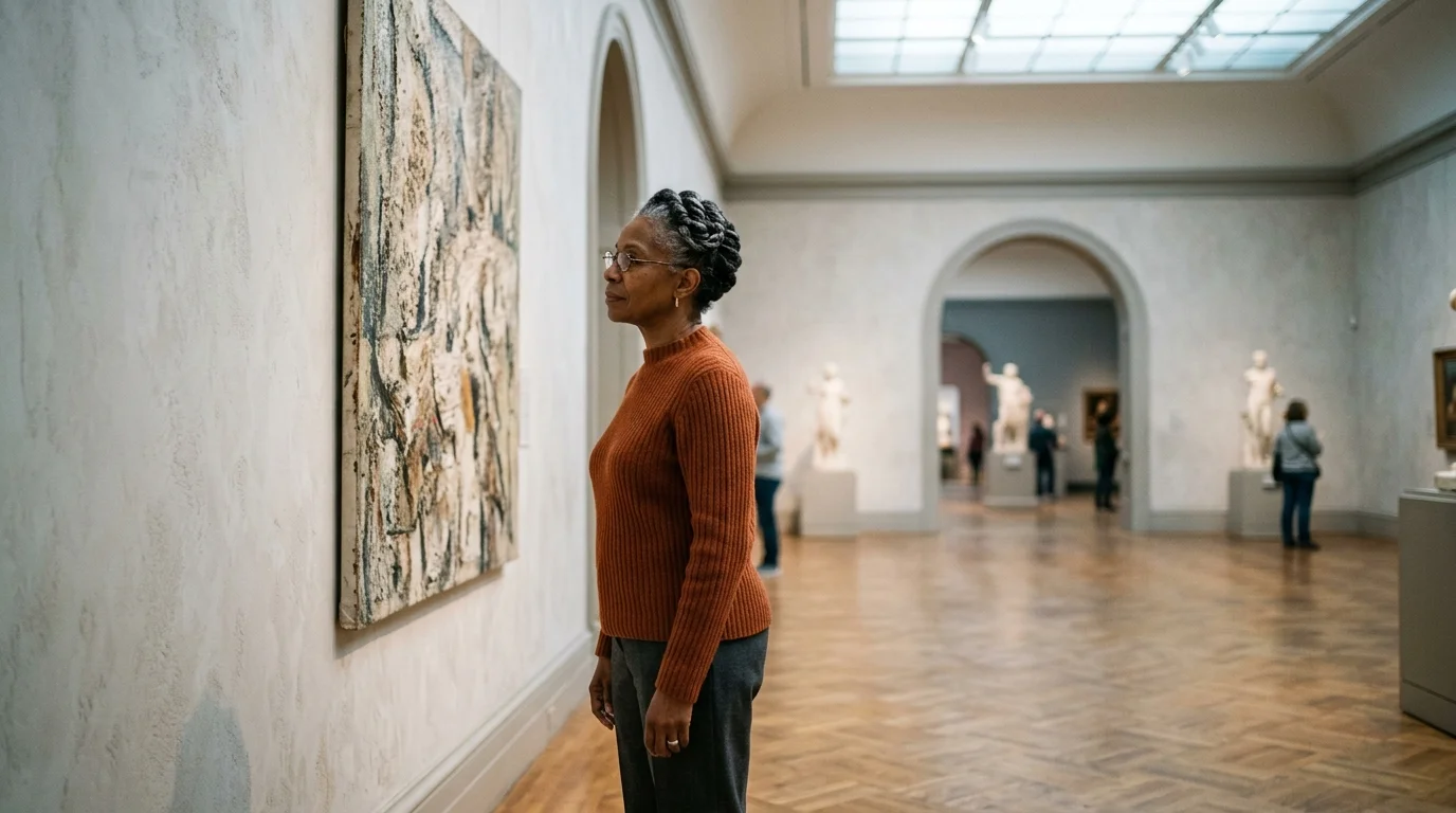 A senior woman in an orange sweater looks at a painting in an art museum gallery.
