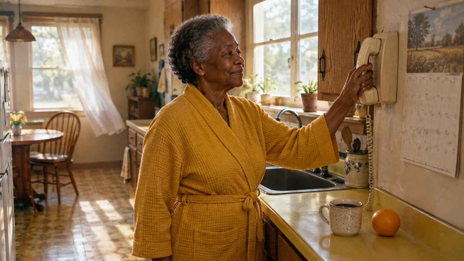An older woman in a yellow robe reaches for a wall-mounted landline telephone in her sunny kitchen.