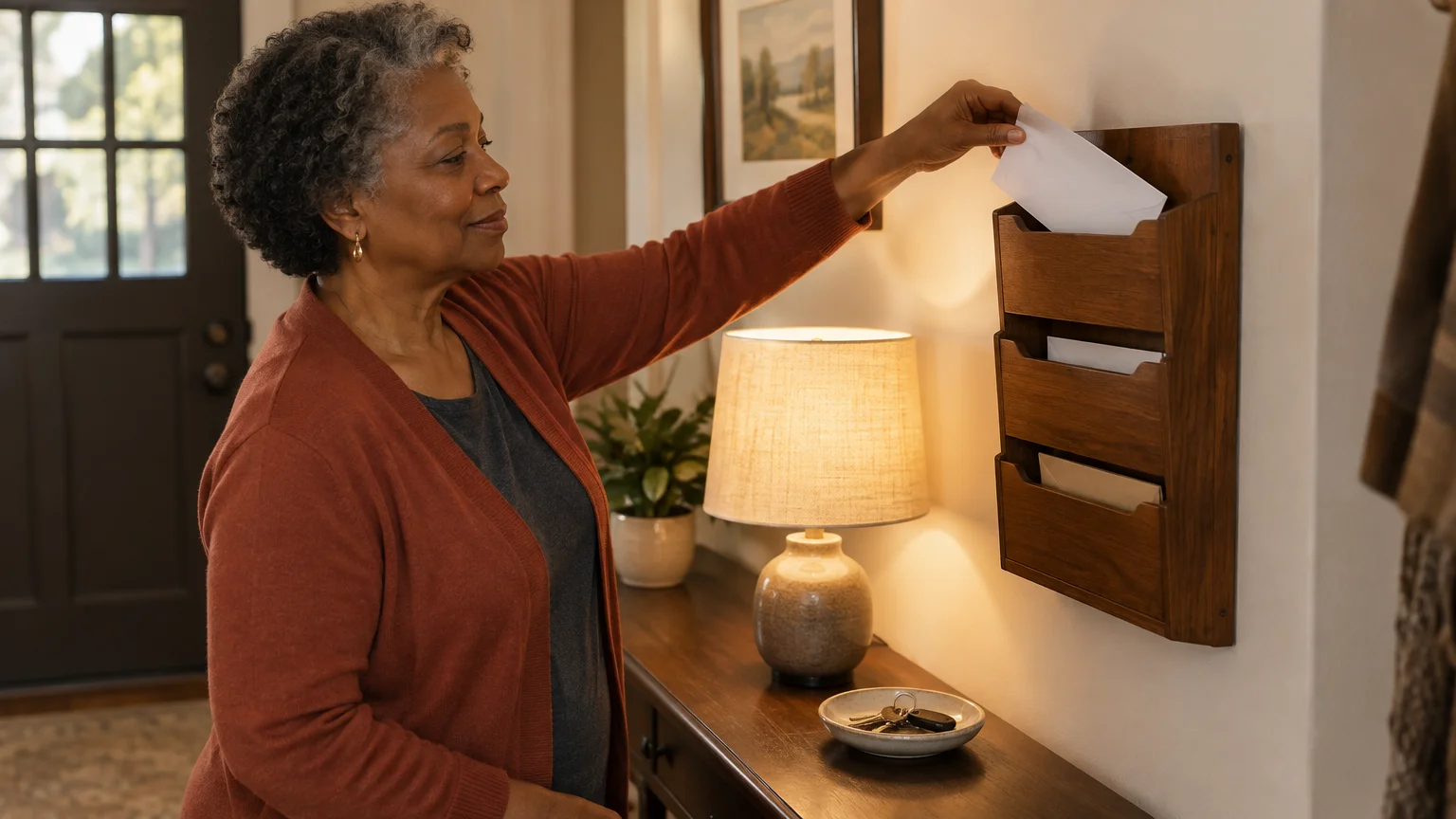 An older Black woman in a terracotta cardigan slides an envelope into a wooden wall organizer above a console table in warm lamp light.