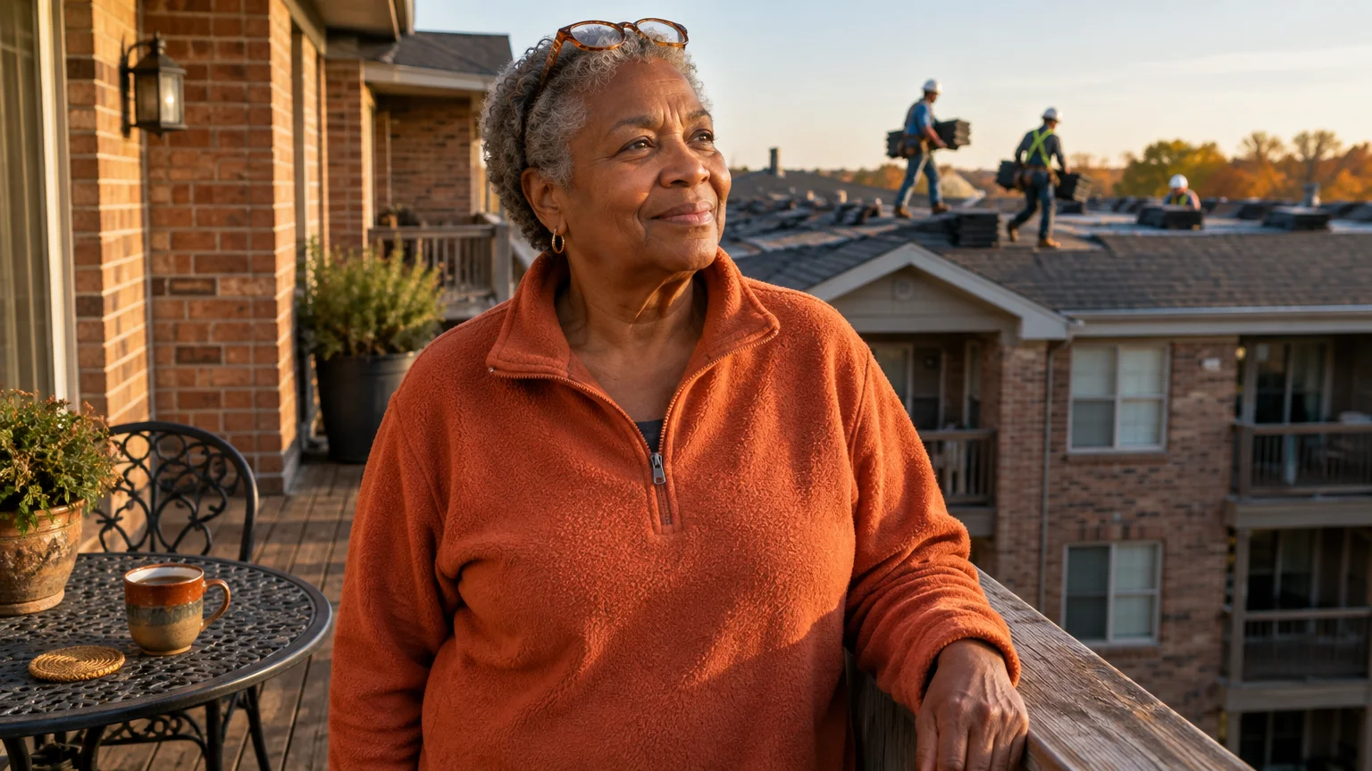 Senior woman on a balcony in an orange fleece jacket with roofers in hard hats working on an adjacent building roof.