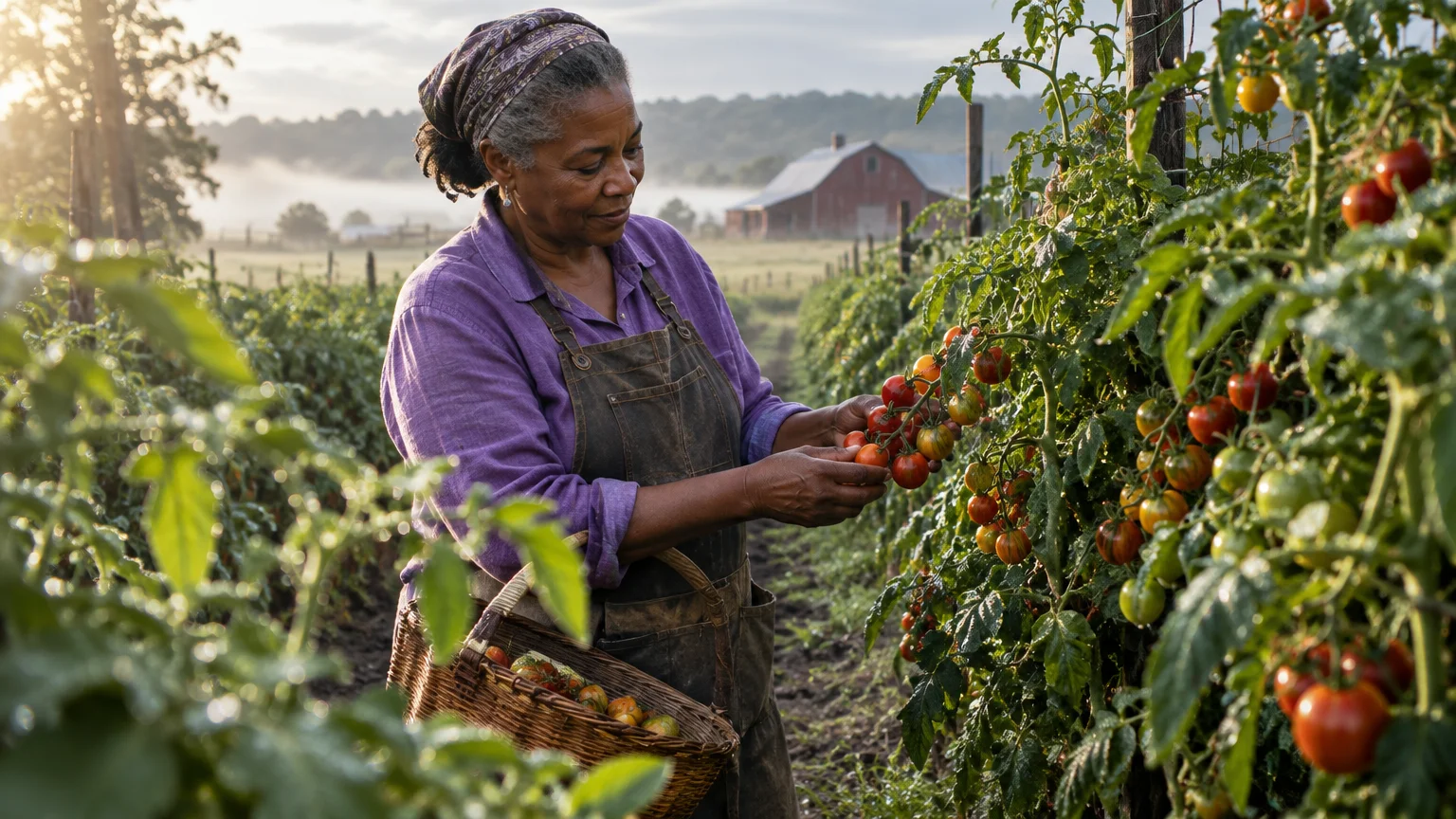 A senior woman in an apron harvests ripe tomatoes into a basket in a sunlit field with a barn behind her.