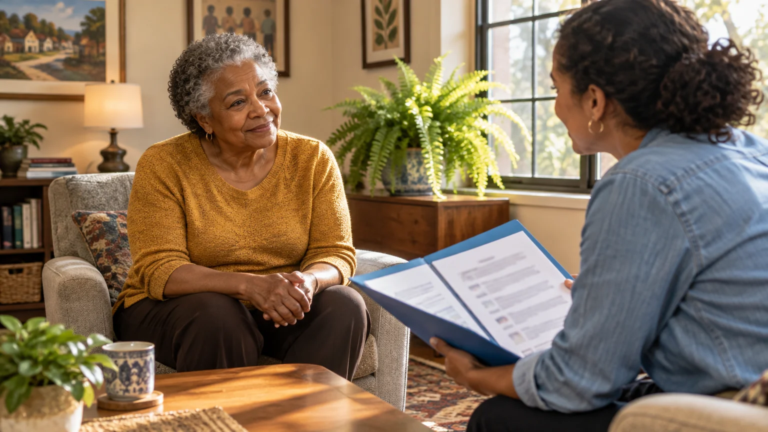 A senior woman smiles in an armchair while a woman seated opposite holds a folder with documents in a living room.