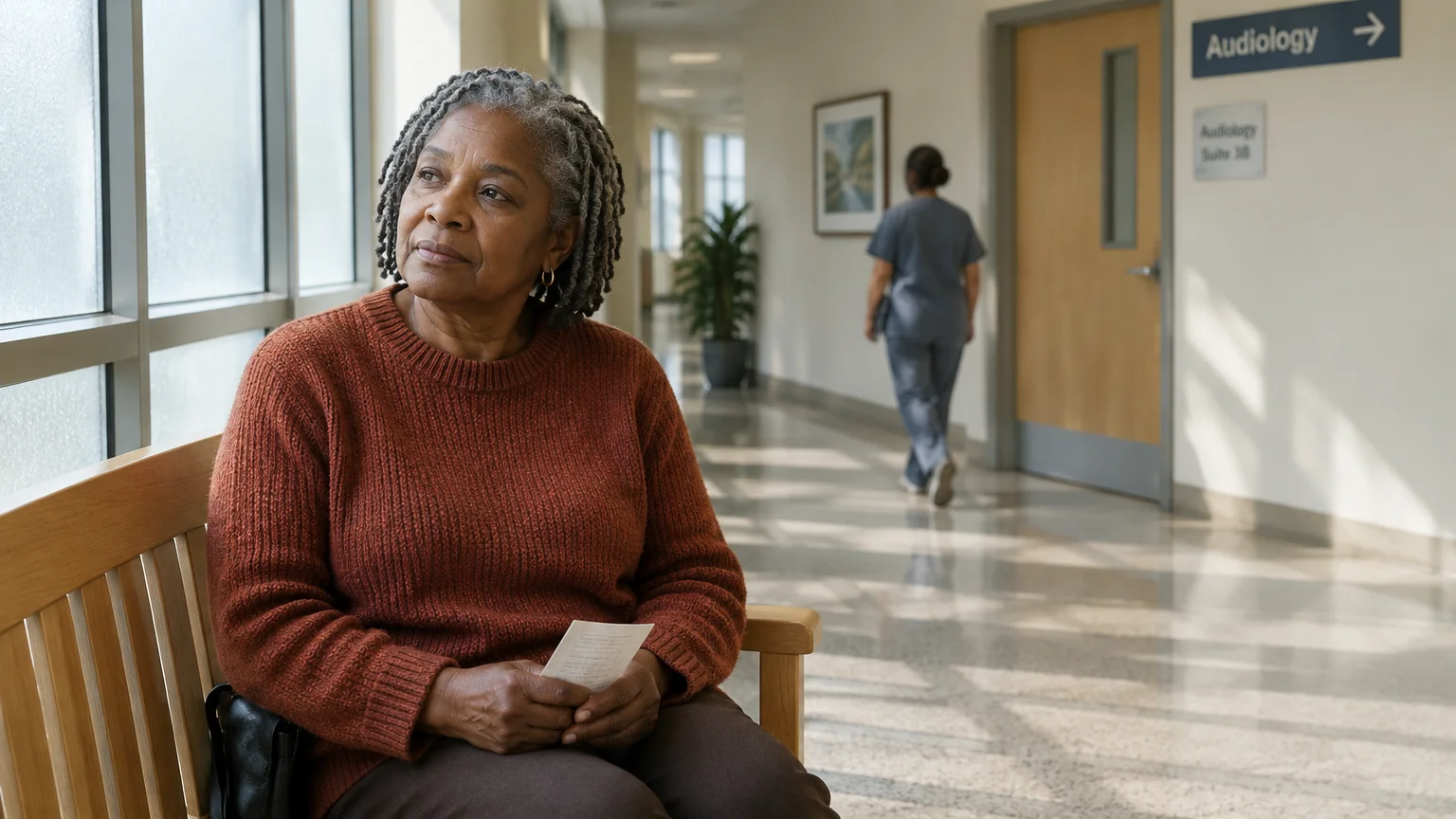 Senior woman in an orange sweater sits on a wooden bench in a bright clinic hallway outside an audiology department.