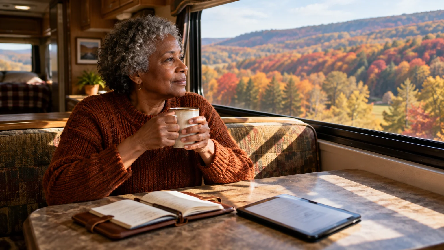 A mature woman sits inside an RV holding a mug, gazing out the window at colorful autumn trees on rolling hills.