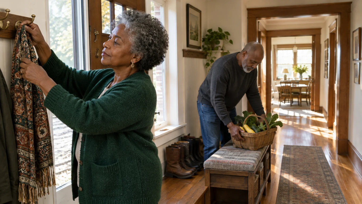 An older Black woman hangs a scarf by the door while an older Black man sets down a basket of vegetables in an entryway.