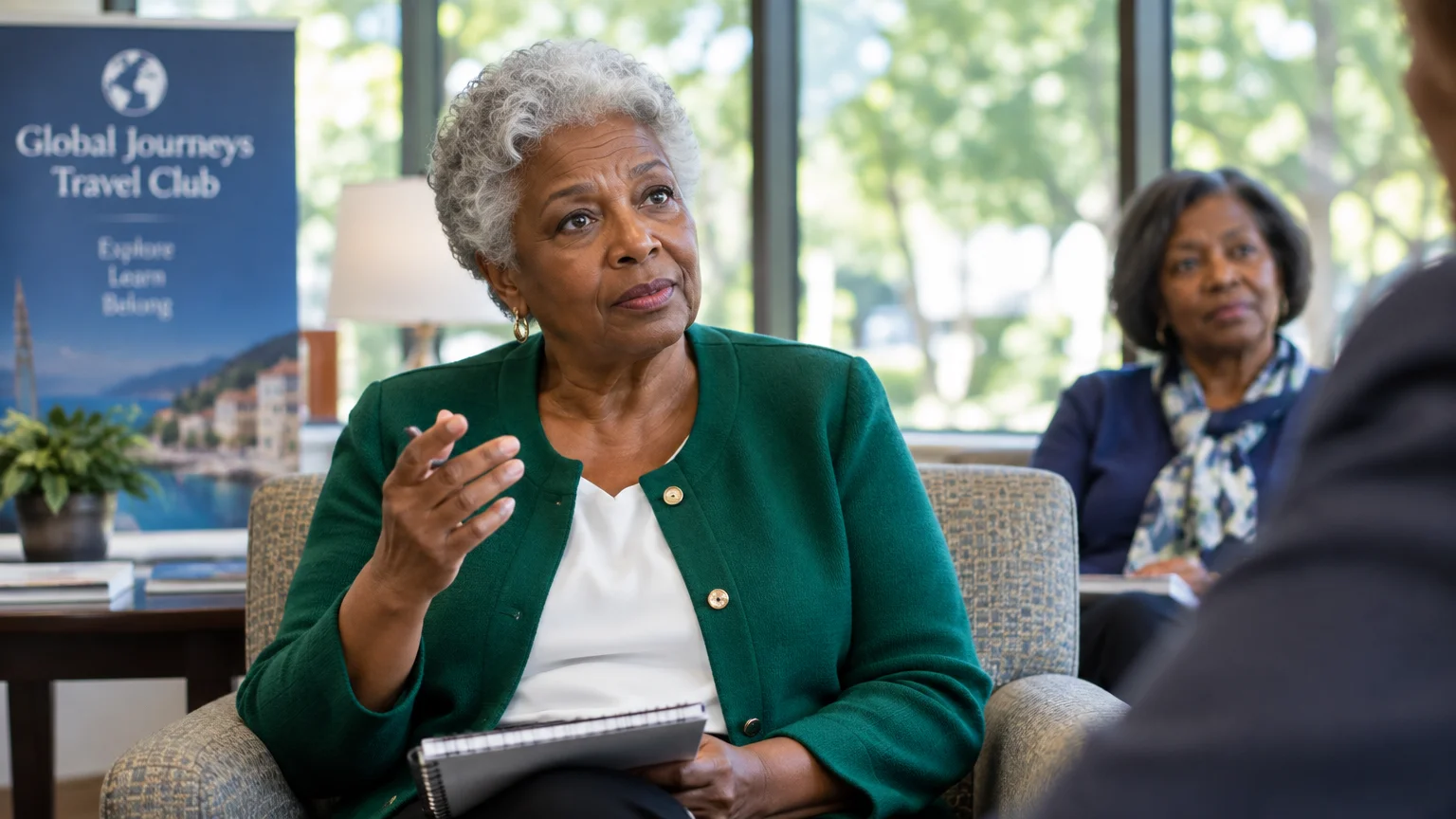 Senior woman with short gray hair in a green jacket holding a notebook while talking in a meeting.