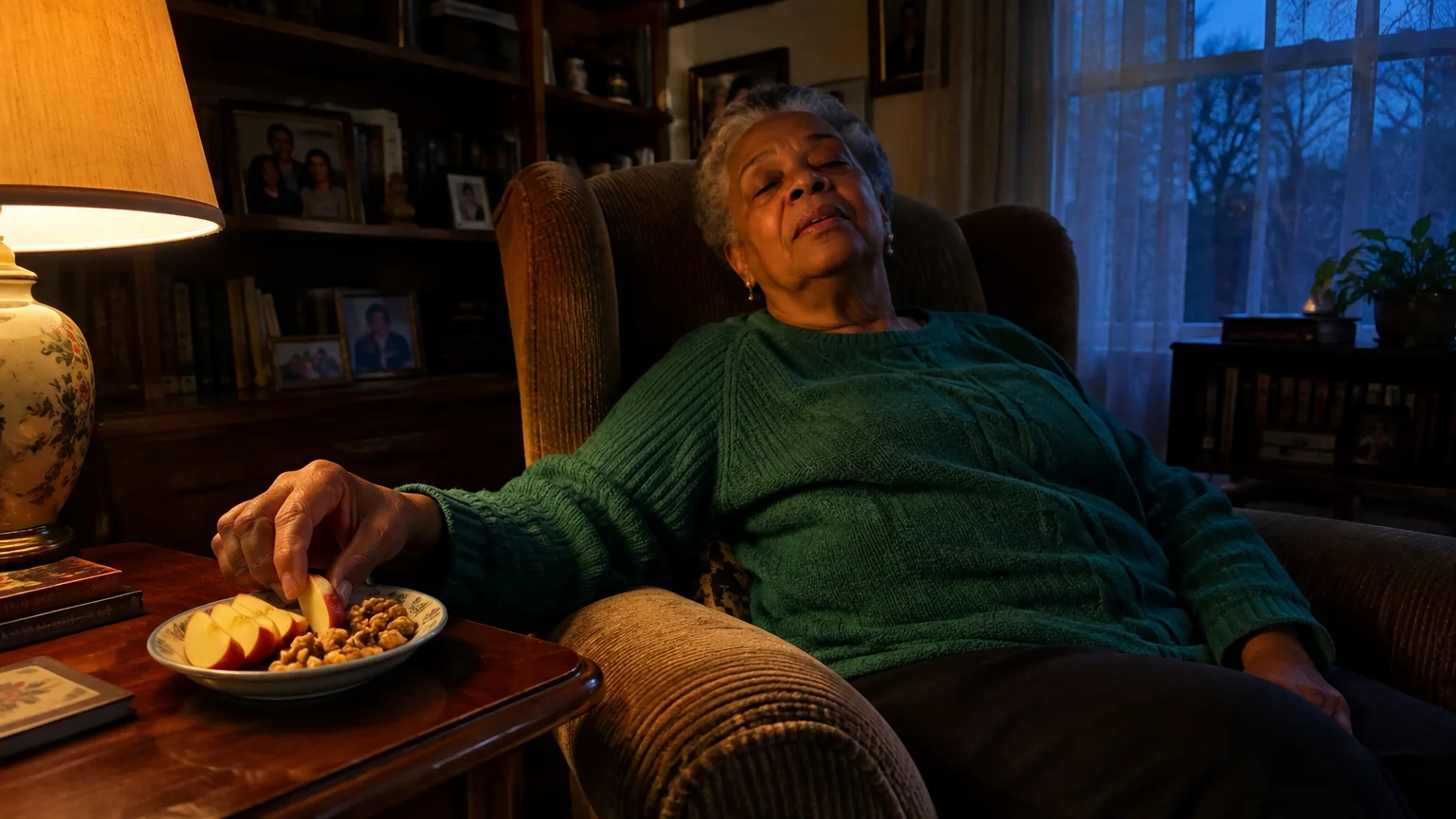 Older woman resting in an armchair next to a lamp, reaching toward a small plate of sliced apples and nuts on a side table.