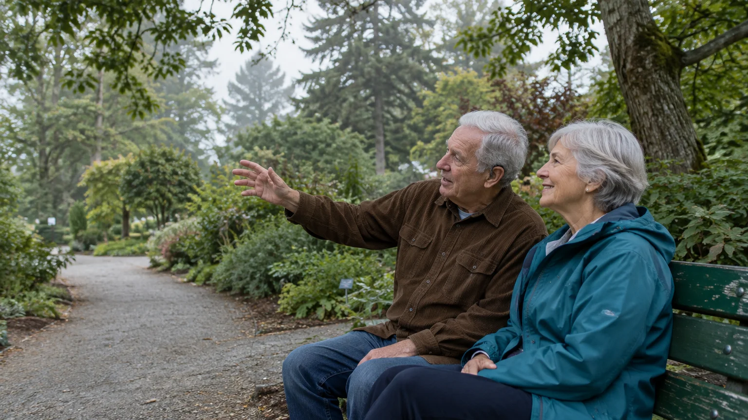 Senior man with a hearing aid and a woman sit on a wooden park bench along a gravel garden path.