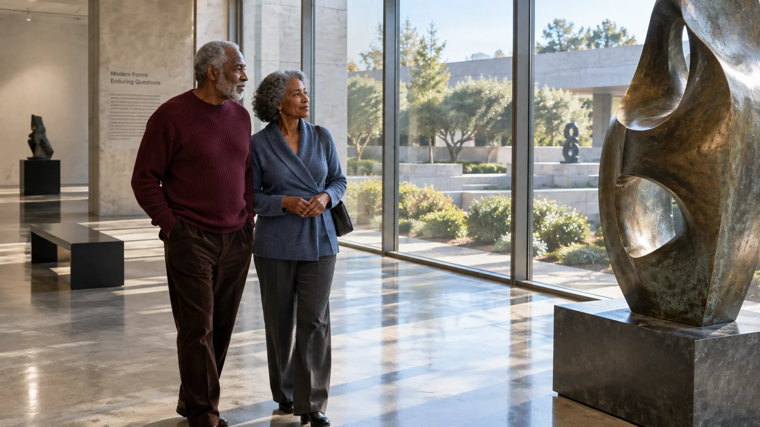 Senior couple walking through a brightly lit modern art gallery beside large windows and bronze sculptures.
