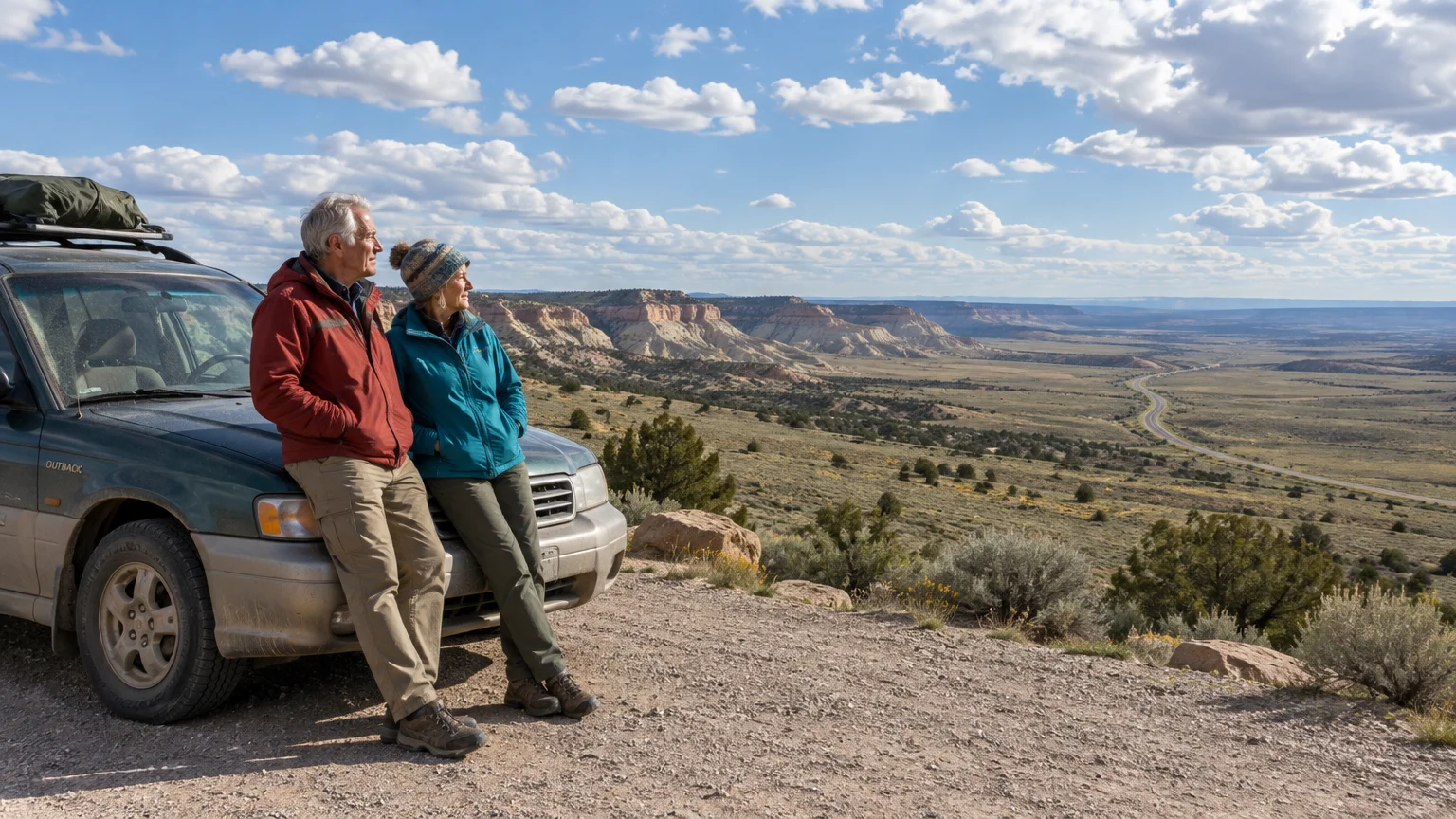 Older couple leaning against a green SUV parked on a dirt overlook above an expansive desert valley.
