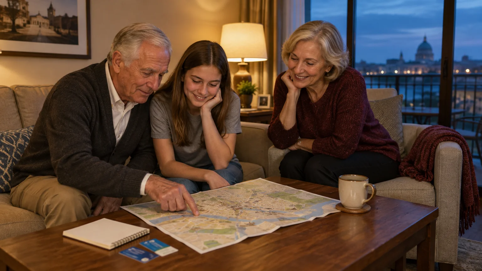 An older couple and a teenage girl sit around a coffee table reviewing a city map in a living room.