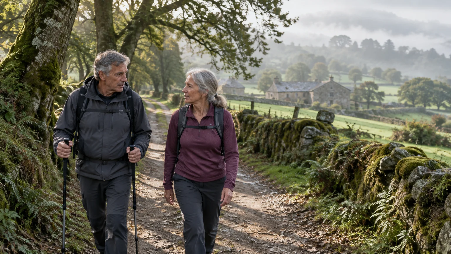 Older man and woman hiking along a rural stone-walled dirt trail past trees and stone cottages.