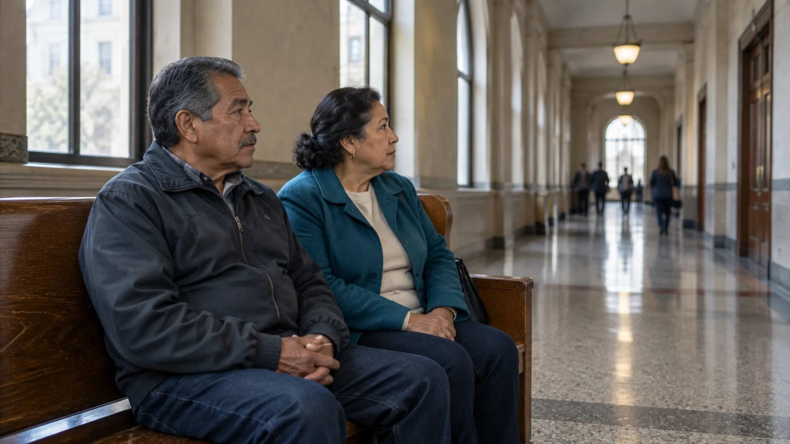 An older man and woman sit on a wooden bench in a long courthouse hallway with arched windows and polished floors.