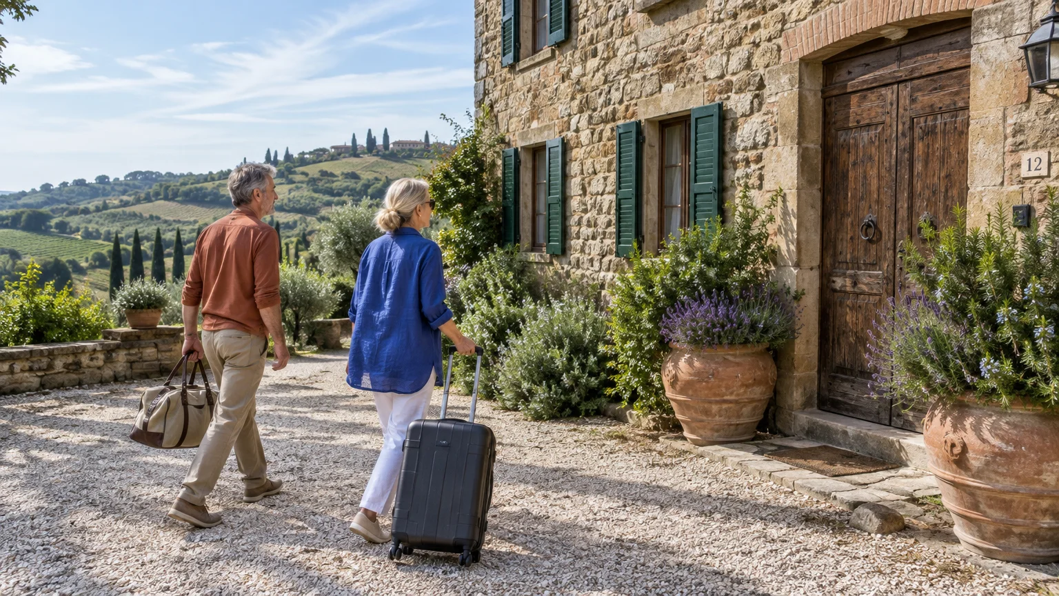 A mature couple walks with luggage toward the entrance of a stone Tuscan villa overlooking rolling hills.