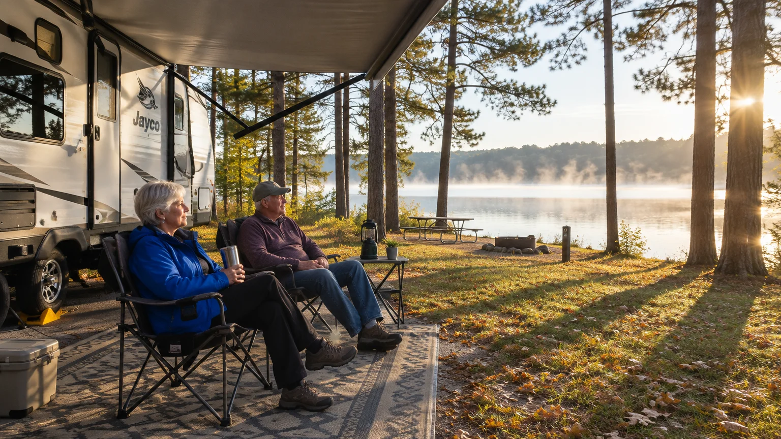 Older couple sitting in camp chairs under a travel trailer awning beside a misty lake at sunrise.