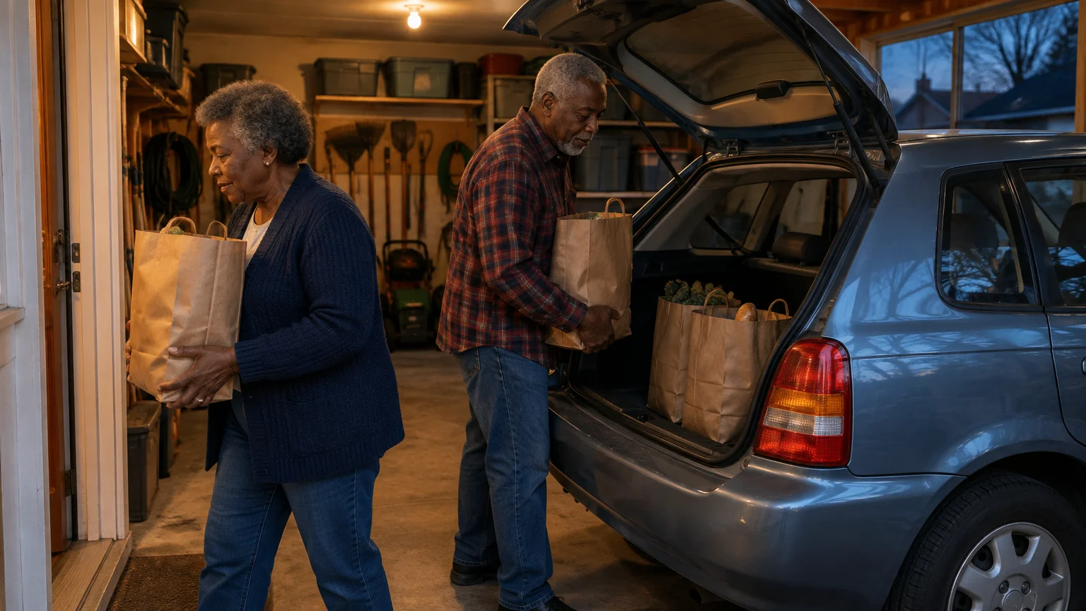 Senior couple carrying paper grocery bags out of the open hatchback of a blue car parked inside a garage.