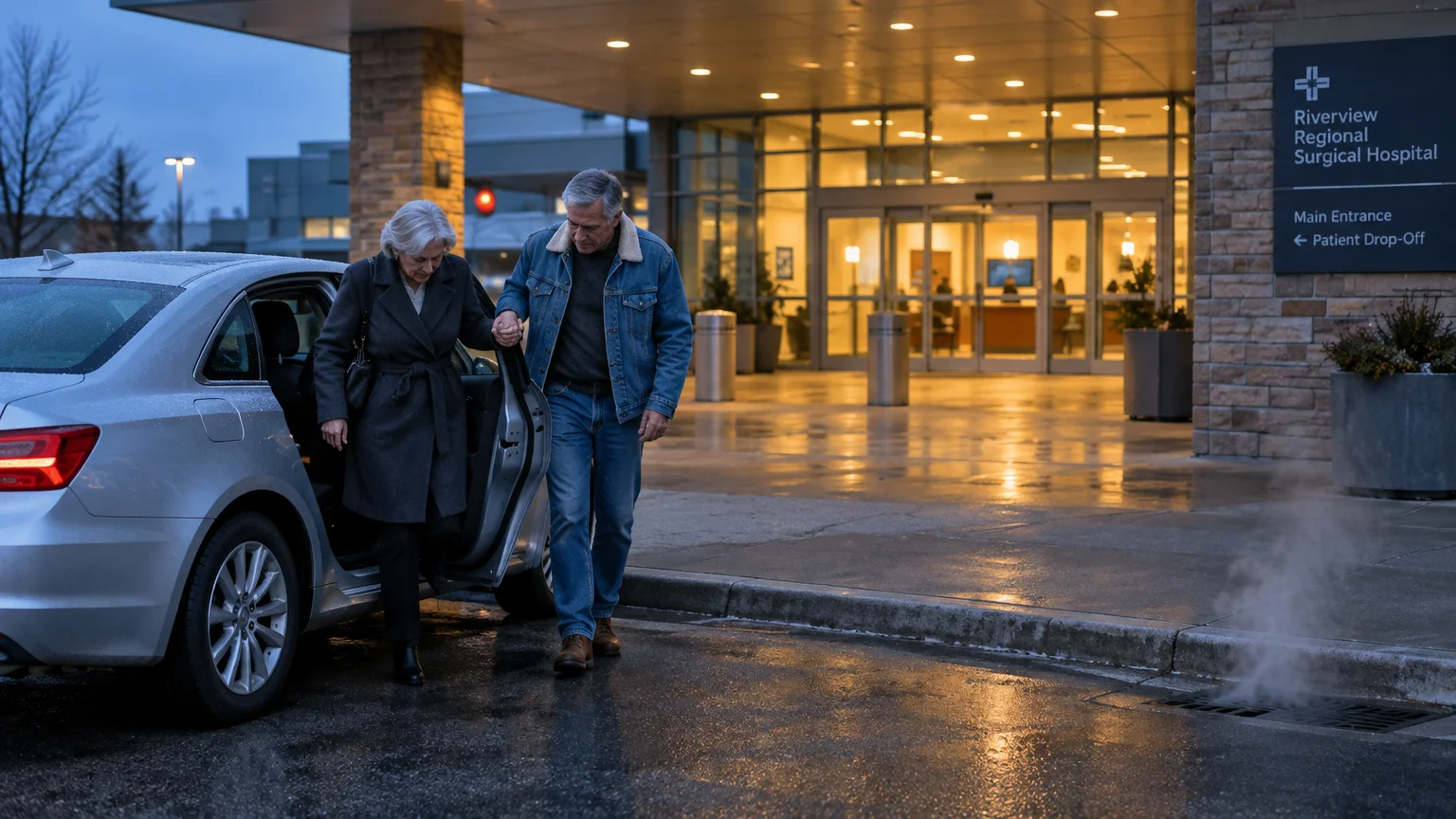 A man helps an older woman exit a silver car outside a surgical hospital entrance in the evening.