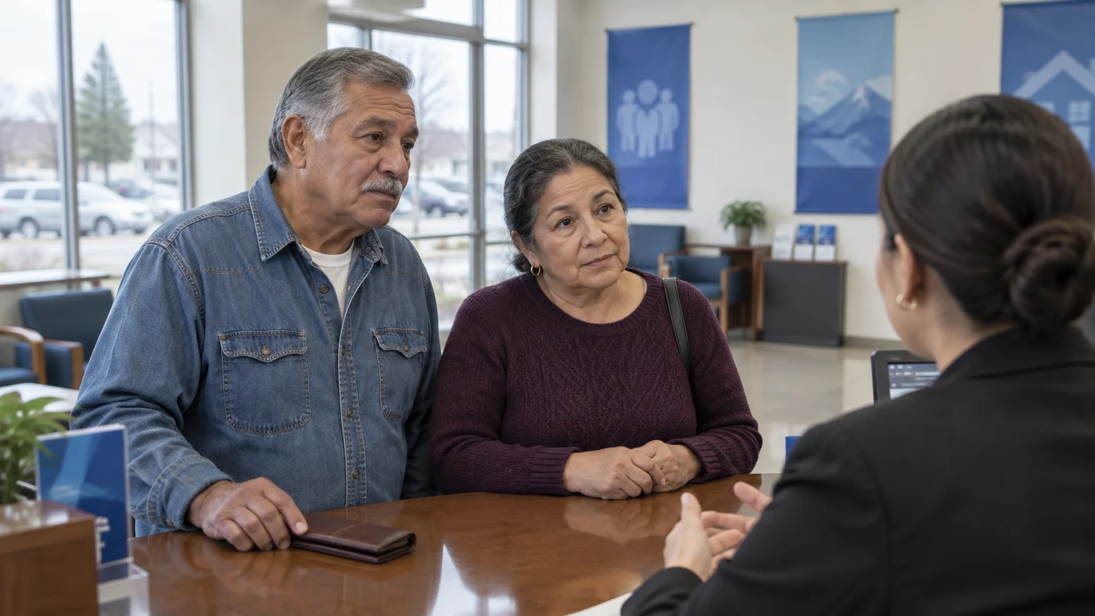 Senior couple standing at a bank counter listening to a financial representative.