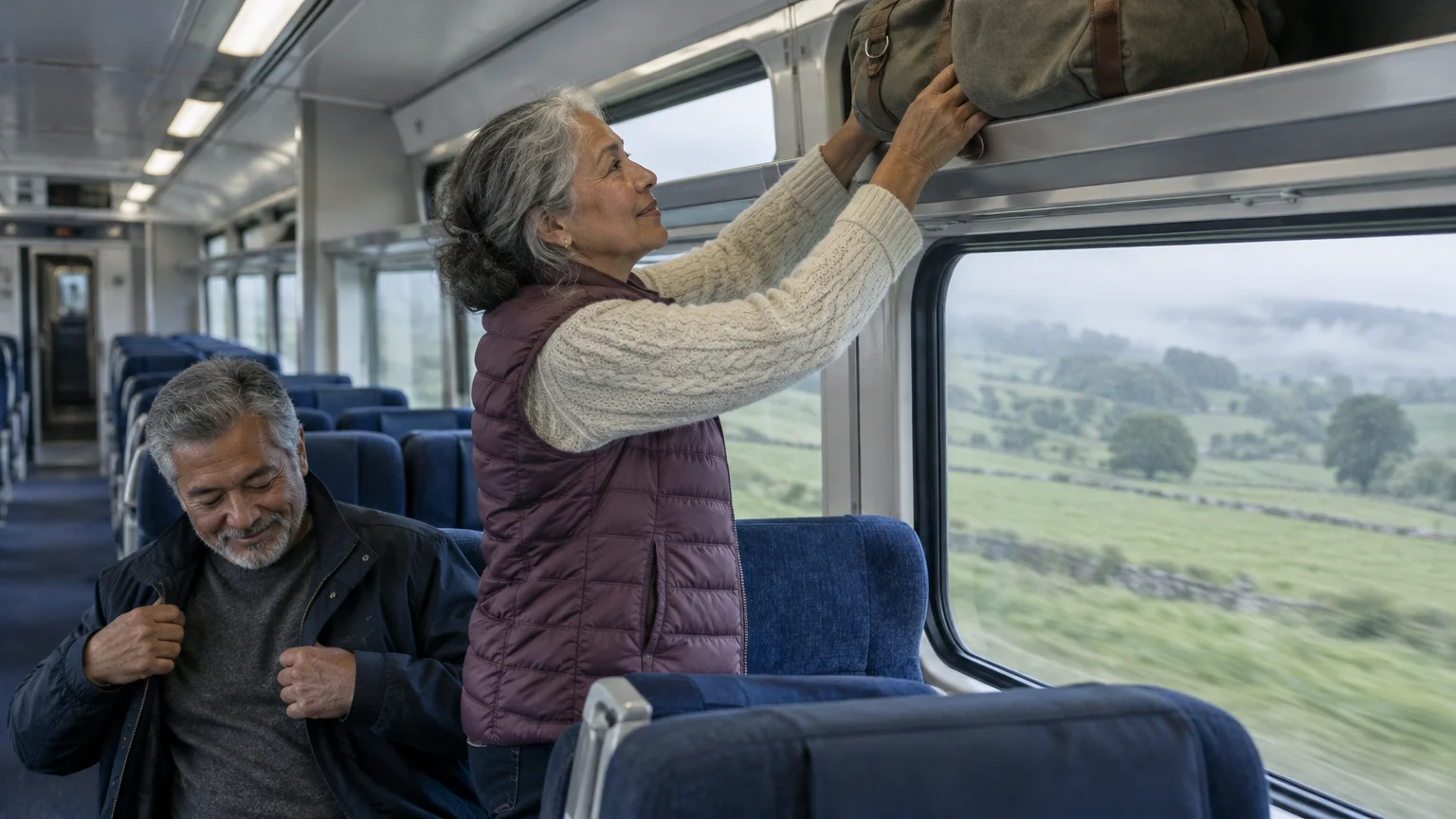 A senior woman lifts a duffel bag into an overhead train rack while a man sits beside her by the window.