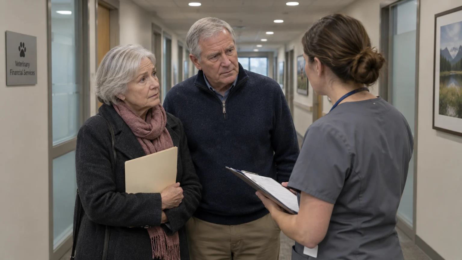 A senior couple in a veterinary hallway listens intently as a staff member in scrubs reviews paperwork on a clipboard.