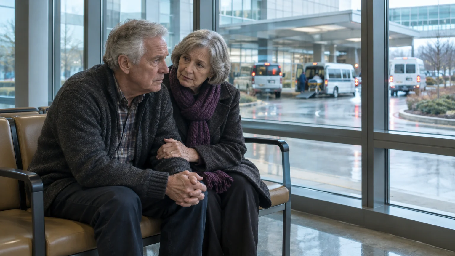 An older couple sits anxiously in a hospital waiting room by windows looking out at transport vans on a rainy day.