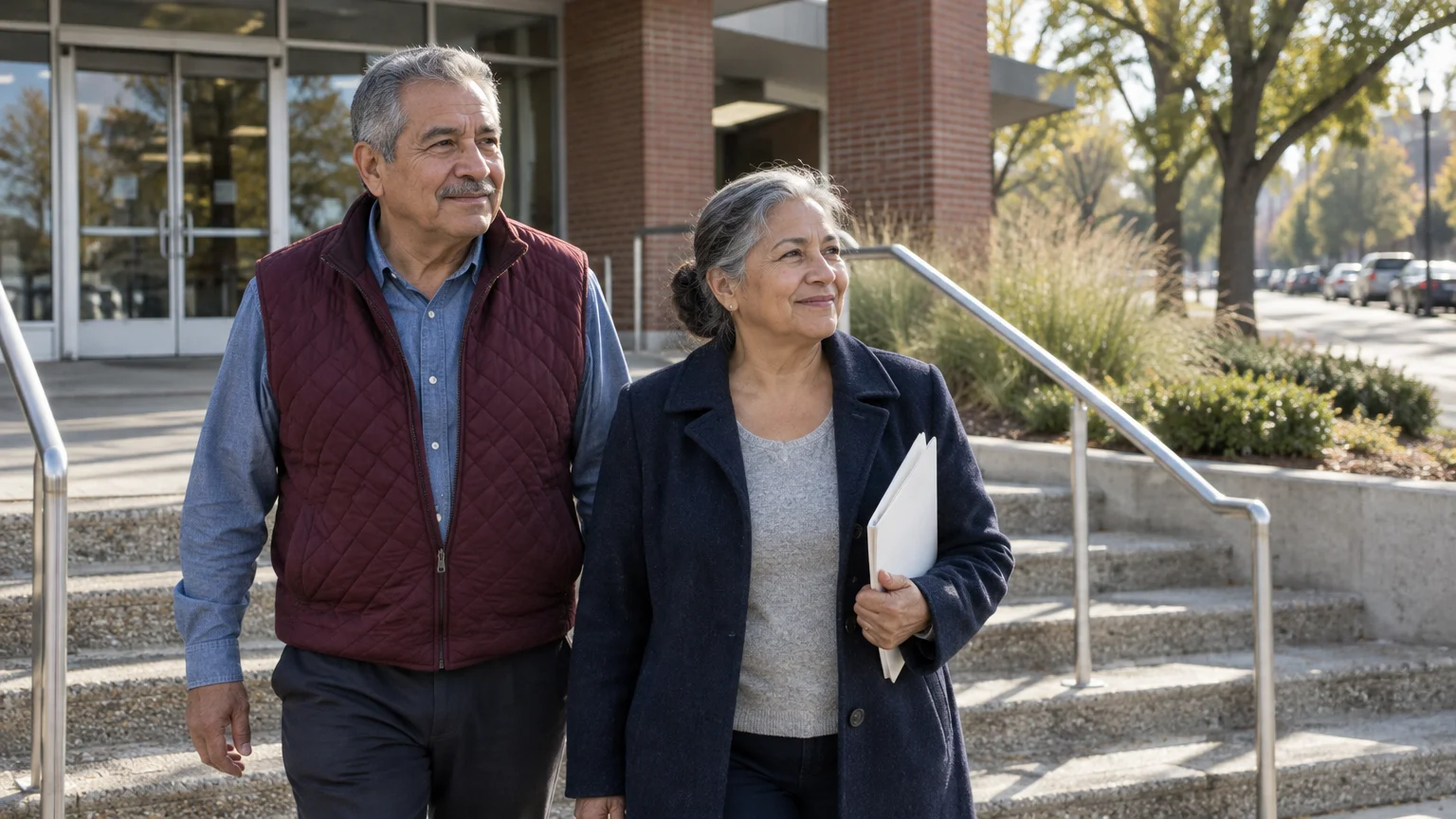 An older couple walks down outdoor steps outside a building, the woman carrying a white folder.