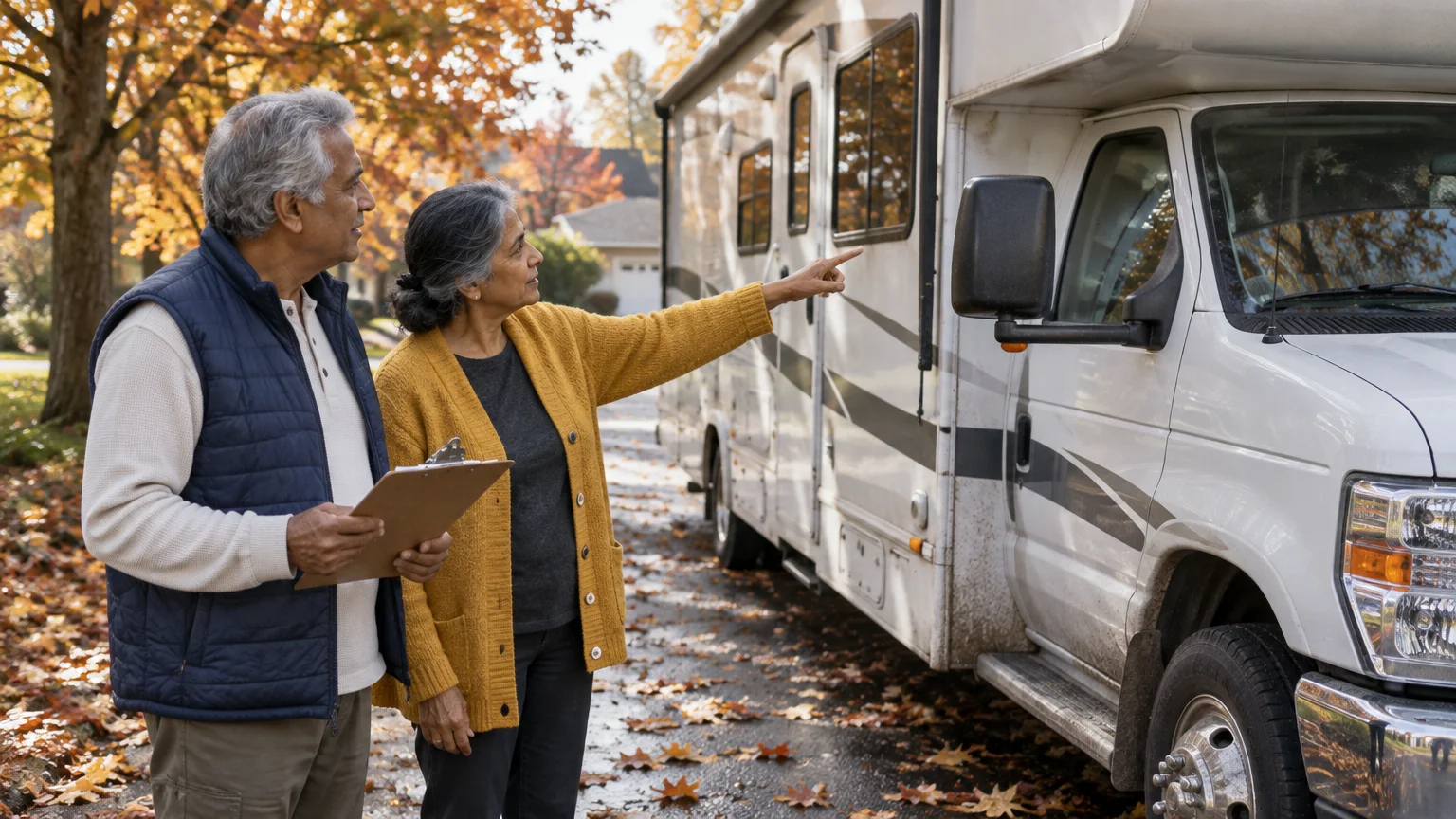 An older couple stands outdoors near a white RV on an autumn day, one holding a clipboard while the other points ahead.