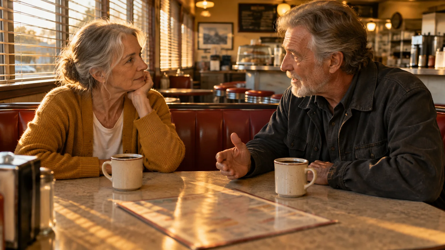 An older man and woman talk while sitting together in a sunlit diner booth with coffee mugs on the table.