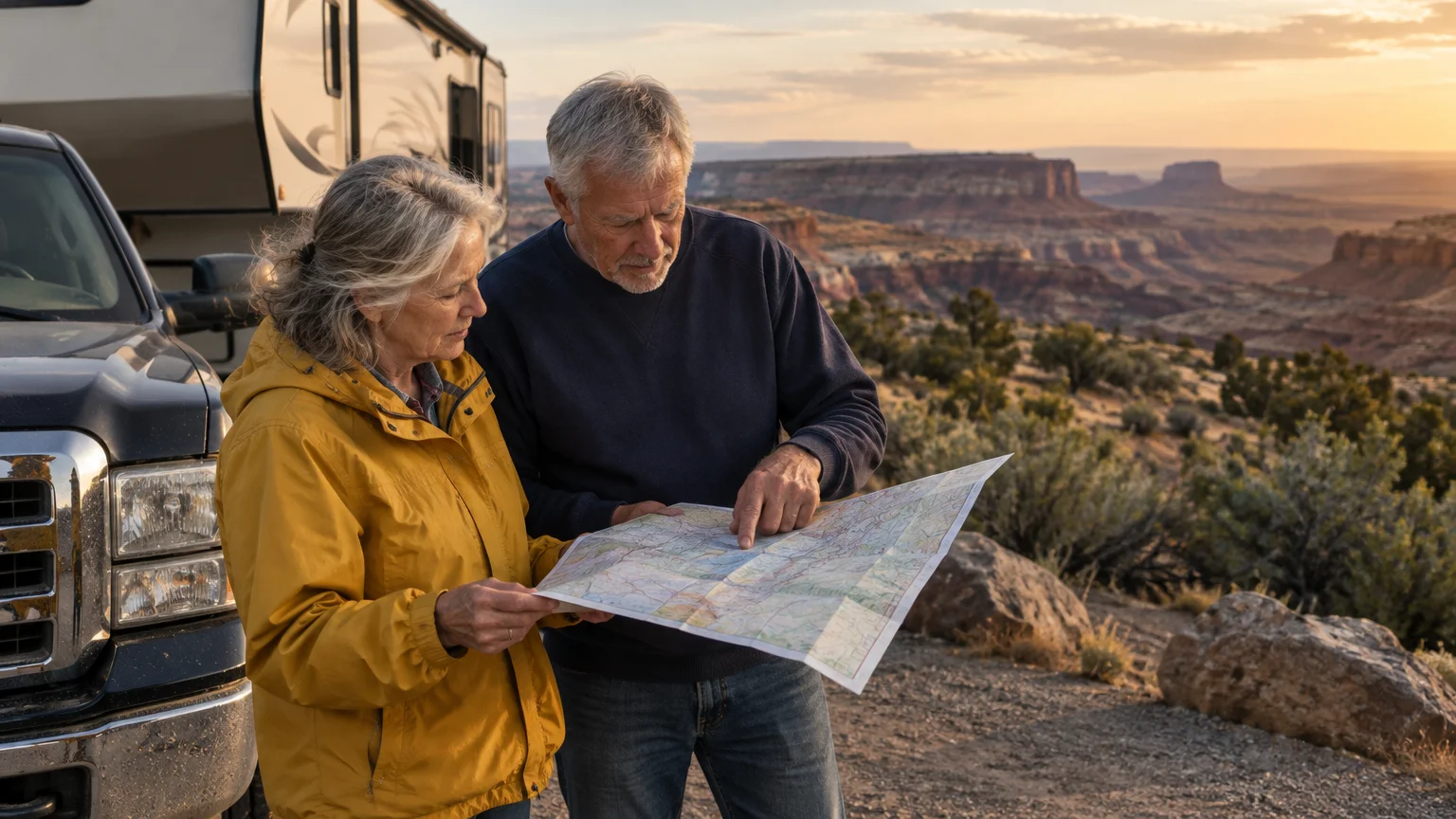 Older couple reviewing a road map together beside a pickup truck and camper parked above a desert canyon at sunset.