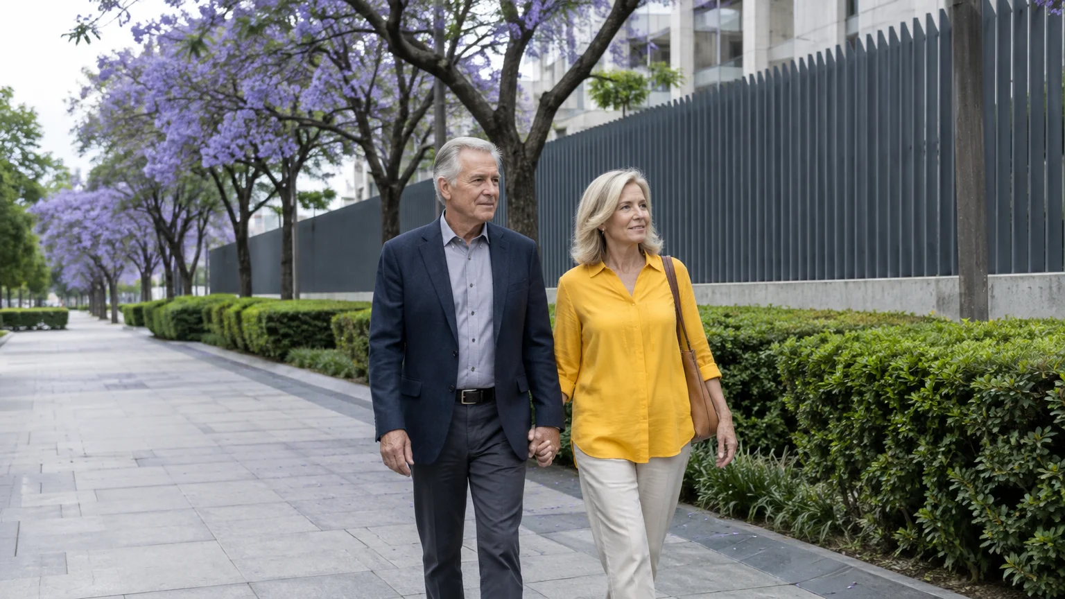 An older couple holding hands and walking along a city sidewalk lined with jacaranda trees and modern fencing.