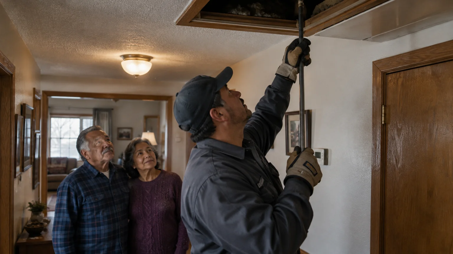 A worker in a cap inspects an attic opening while a senior couple watches from the hallway.